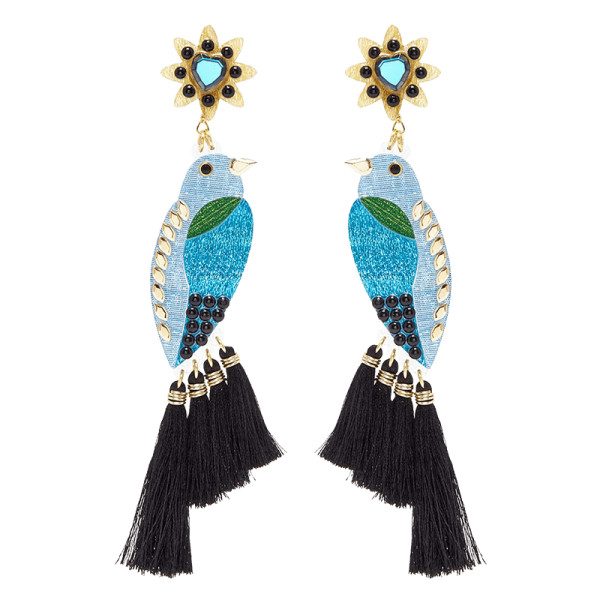 Mercedes salazar choco sucurua blue bird tassel drop clip earrings 