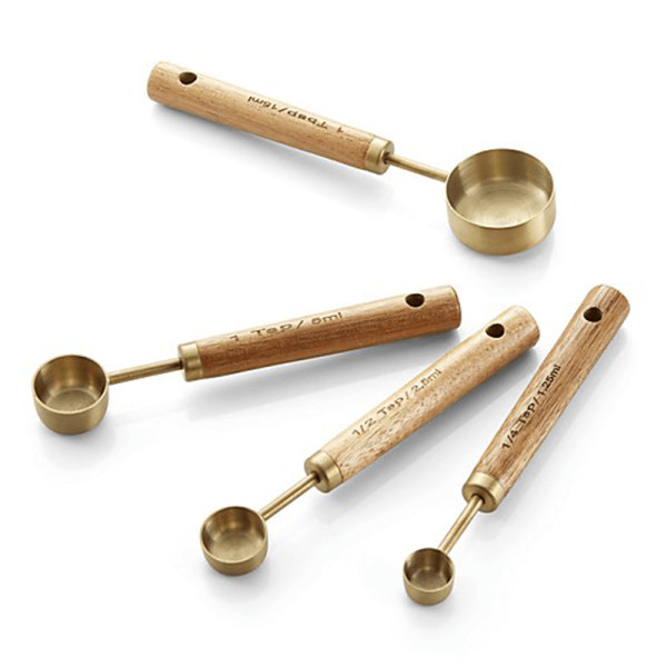 Crate   barrel acacia wood and gold measuring spoons