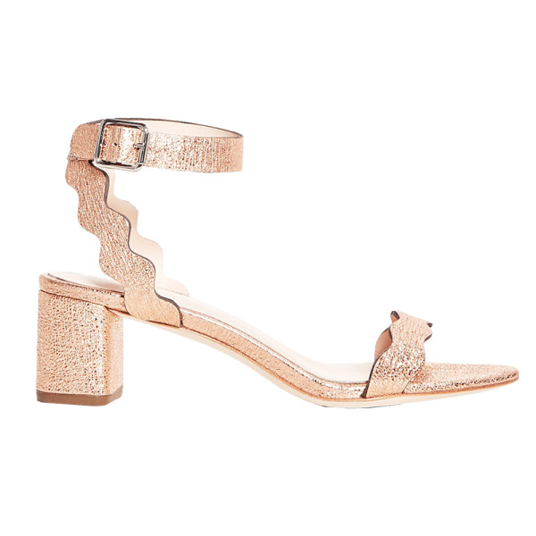 Loeffler randall crinkle scalloped mid heel leather metallic sandals