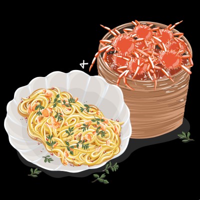  Spaghetti With Almond Cream, Fresh Crab, Chili + Marjoram