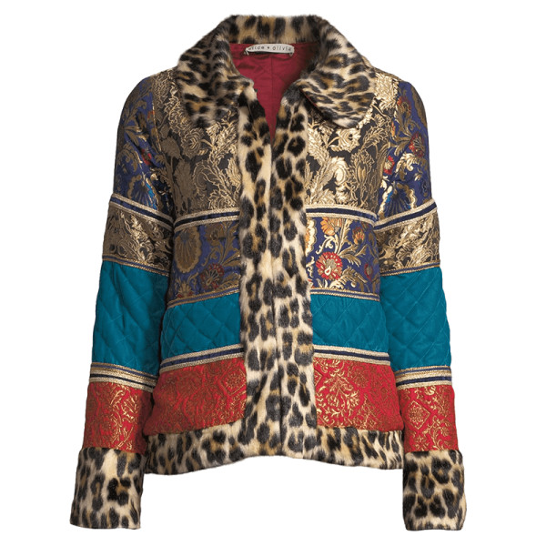 Alice   olivia glennie patchwork coat w  leopard faux fur combo