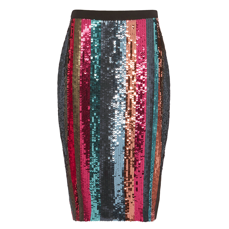 Striped sequined knitted pencil skirt