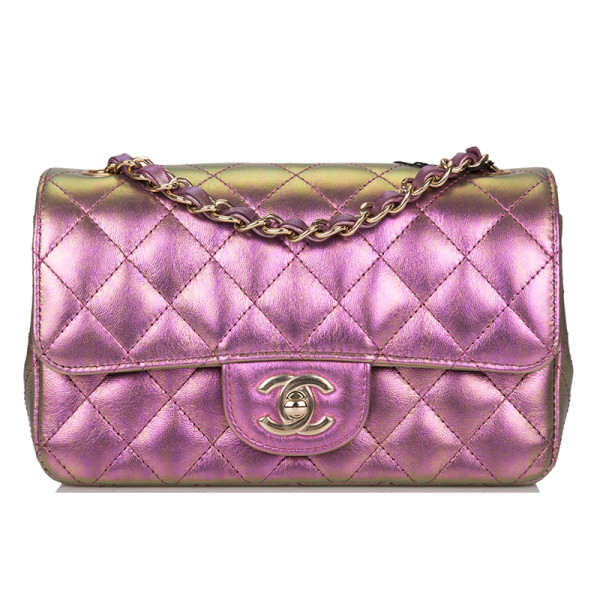 Chanel purple iridescent quilted lambskin rectangular mini classic flap bag light gold hardware