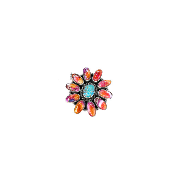 Kingman turquoise and pink dahlia mohave sterling silver adjustable cluster ring