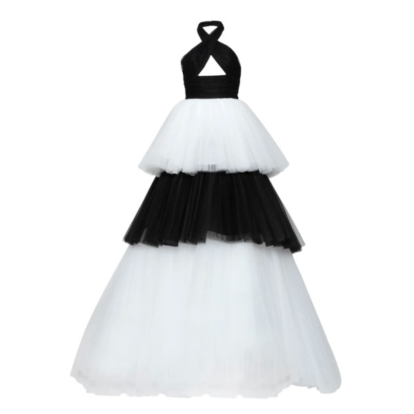 Crisscross halter bicolor tiered tulle gown