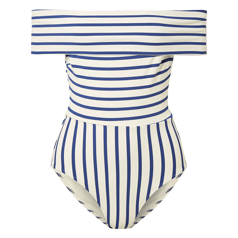 off the shoulder striped swimsuit