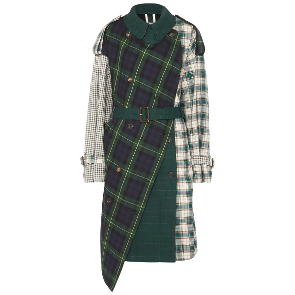 Pushbutton asymmetric paneled checked cotton twill trench coat