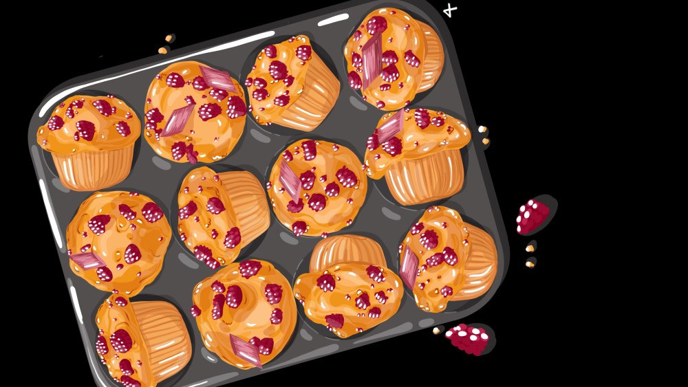 Raspberry rhubarb muffins story   rain recipe box16x9