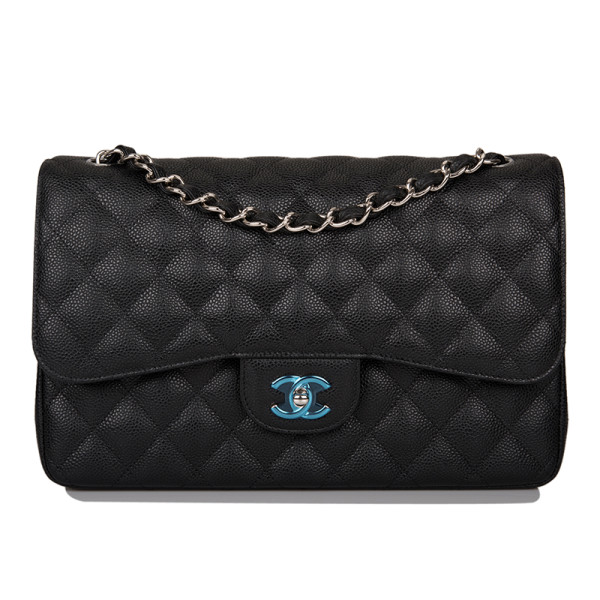 Chanel - Black Quilted Caviar Jumbo Classic Double Flap Bag Silver