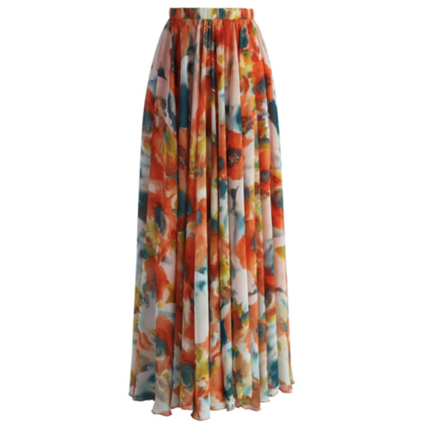 Chicwish - Orange Blossom Watercolor Maxi Skirt