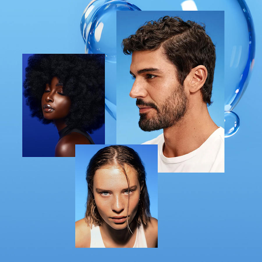 The banner, in vivid shades of blue, features three different photographs of models: two women and a man.