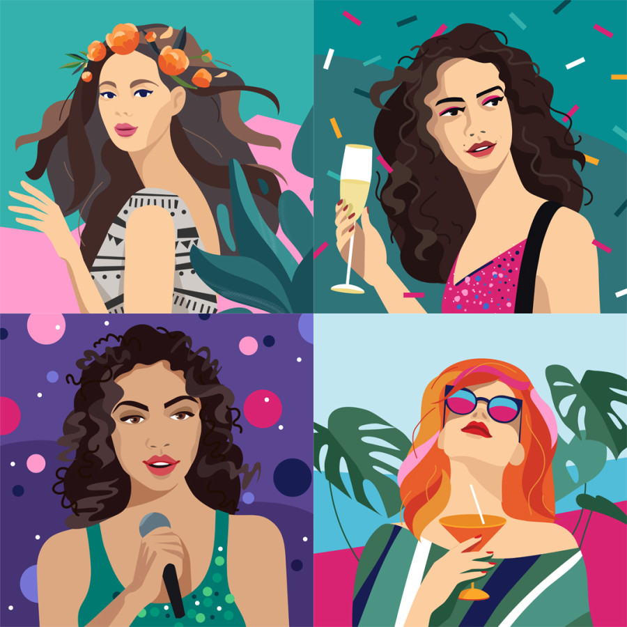 The graphic ilustrates four women. The first one has a long brown wavy hair, the second and the third one has a mid-long brown frizzy hair, the forth one has a mid-long wavy red hair.