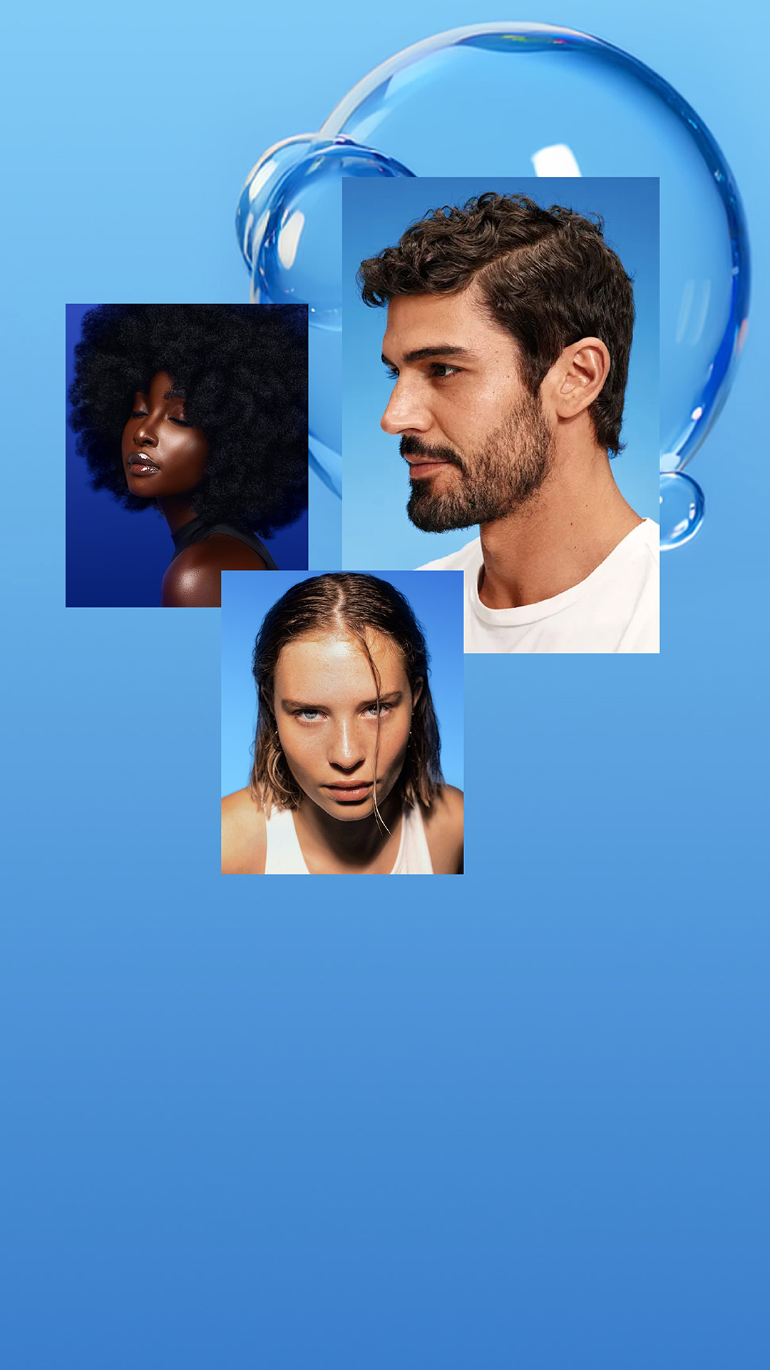 The banner, in vivid shades of blue, features three different photographs of models: two women and a man.