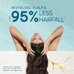 Infographic: Woman with hands in her hair - REVITALISED SCALP & UP TO 95% LESS HAIRFALL