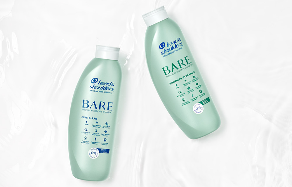 BARE collection shampoos lying on a white background
