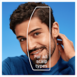 Head & Shoulders product’s For all scalp types benefit, visually highlighted on a man.