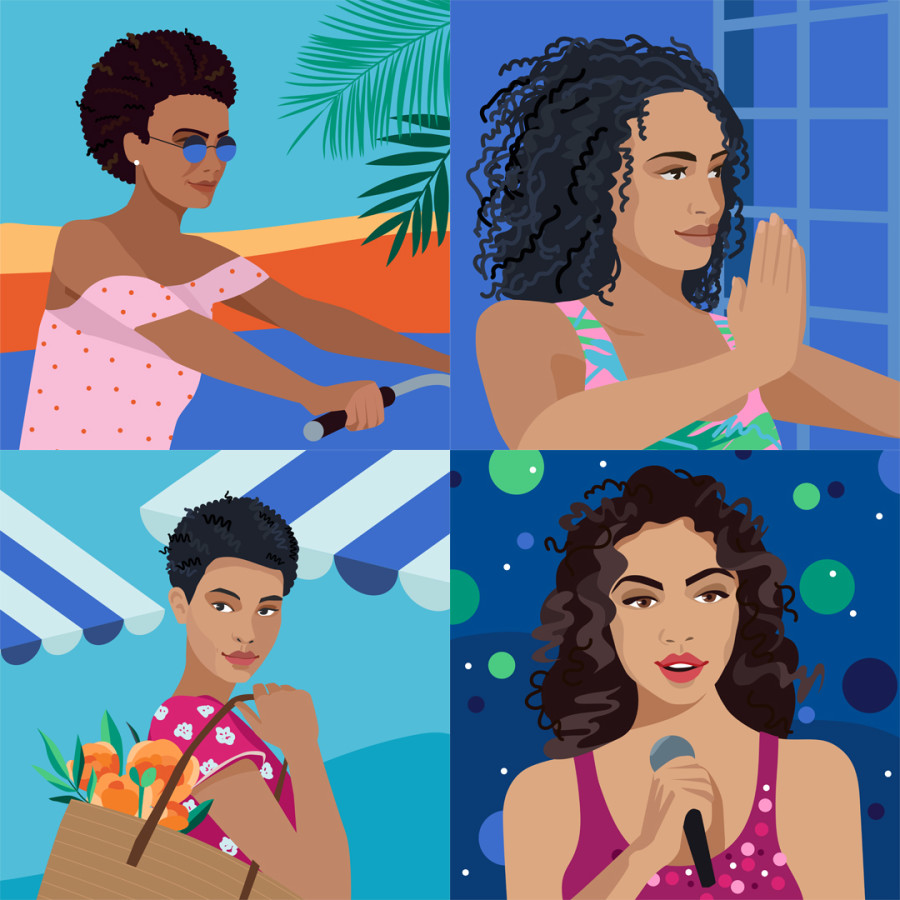 The graphic ilustrates four women. The first one has a short frizzy brown hair, the second one has a mid-long curly black hair, the third one has a short straight black hair, the forth one has a mid-long frizzy brown hair.