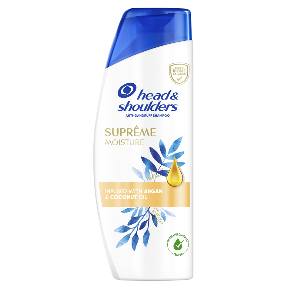 White Head&Shoulders shampoo bottle, blue cap and botanical oil drop design.