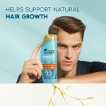 Infographic: Man with bottle of DERMA Xᴾᴿᴼ Revitaliser Anti-dandruff Shampoo - HELPS SUPPORT NATURAL HAIR GROWTH