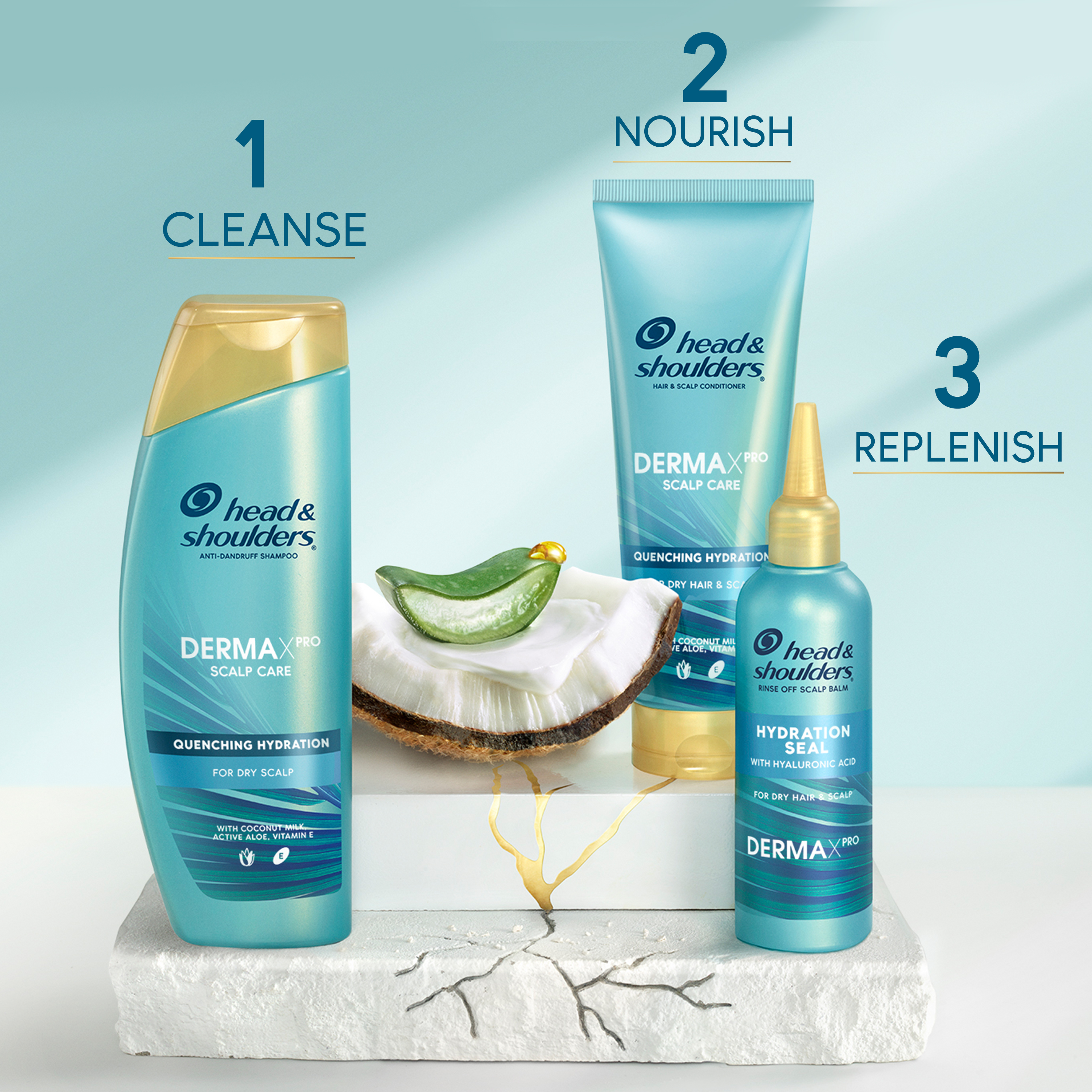 The Quenching Hydration Collection products (shampoo, conditioner and scalp balm) standing on crannied surfaces next to slice of cut aloe and a piece of coconut with the suggested usage steps