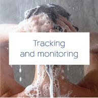 An image of woman taking shower and a text 'tracking and monitoring' on the white square. 