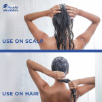 Woman in the shower washing her hair with claims: USE ON SCALP, USE ON HAIR