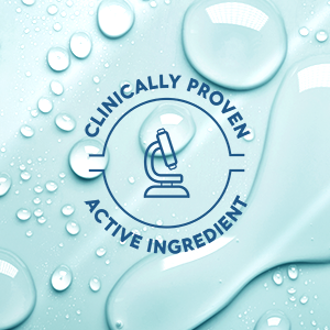 ‘Clinically proven’ logo on light blue background with water drips on it