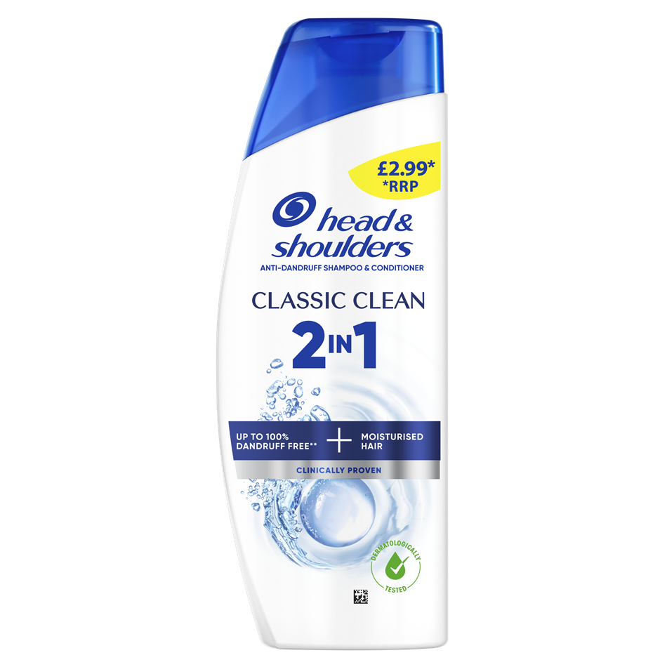 Head & Shoulders Classic Clean 2in1 bottle highlighting dandruff free and nourished hair and a £2.99 recommended retail price.