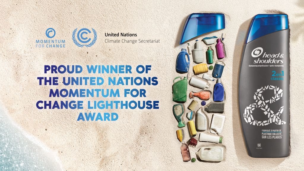 Information of win in the Momentum for Change UN climate change award and two Head&Shoulders bottles.