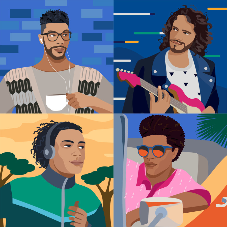 The graphic ilustrates four men. The first one has a short straight black hair, the second one has a mid-long frizzy brown hair, the third one has a short frizzy black hair, the fourth one has a short brown hair.