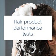 A woman washing her hair - her head view and a the text 'Hair product performance tests' on the white square.