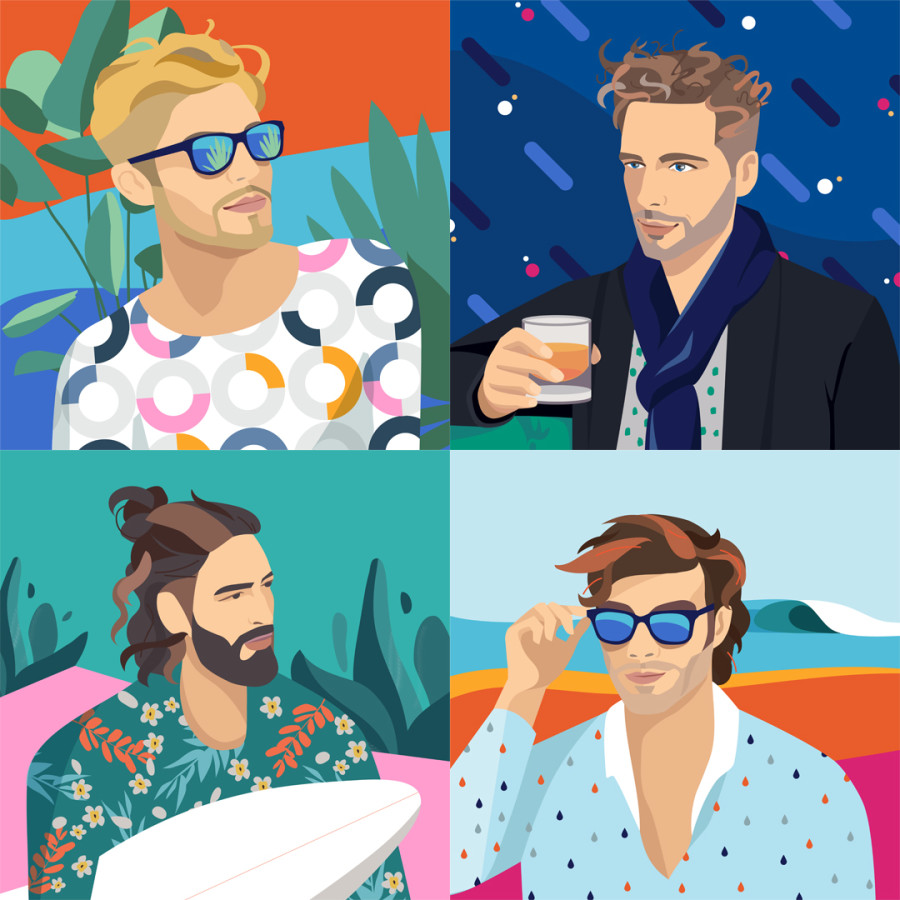 The graphic ilustrates four men. The first one has a short wavy blond hair, the second one has a short frizzy light-brown hair, the third one has a mid-long frizzy hair, the fourth one has a short brown wavy hair.