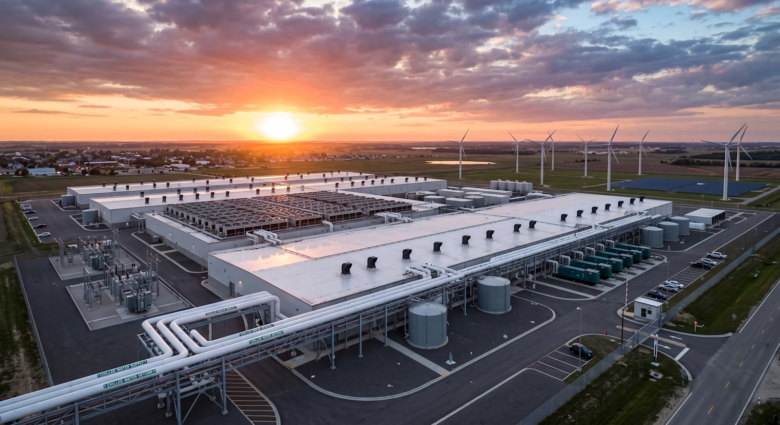 Data center campus at sunset