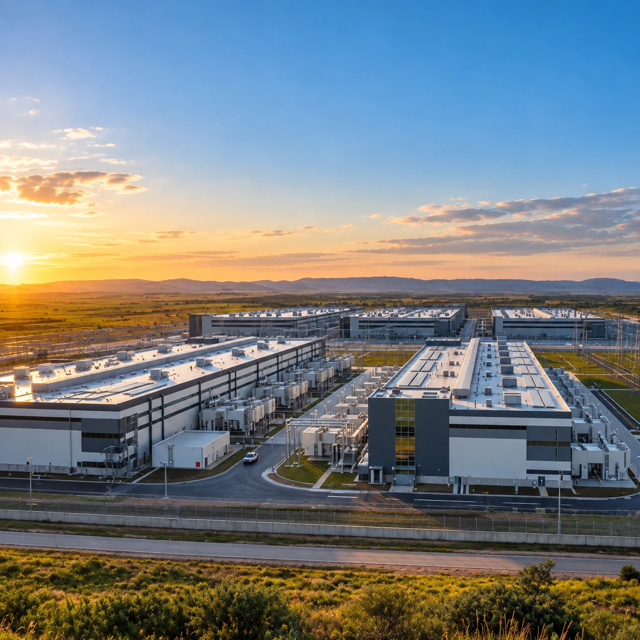 Data center campus beside electricity transmission lines