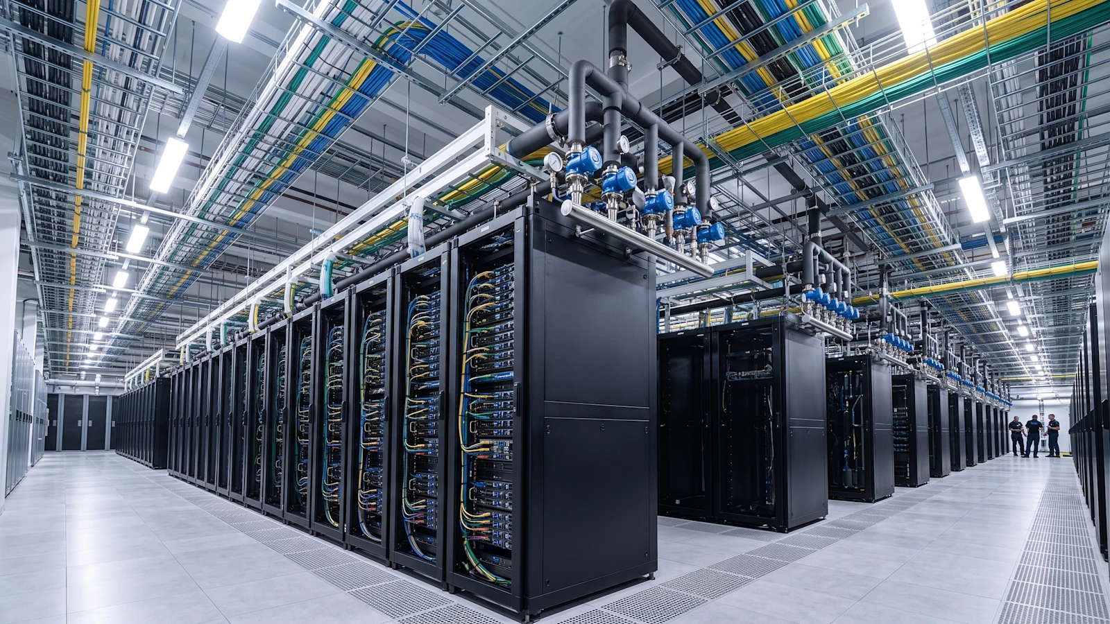 Server racks and overhead cooling pipes in a data center