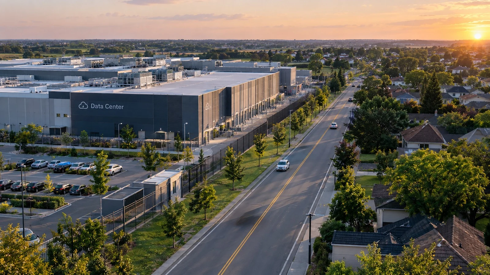 Data center beside a tree-lined residential neighborhood