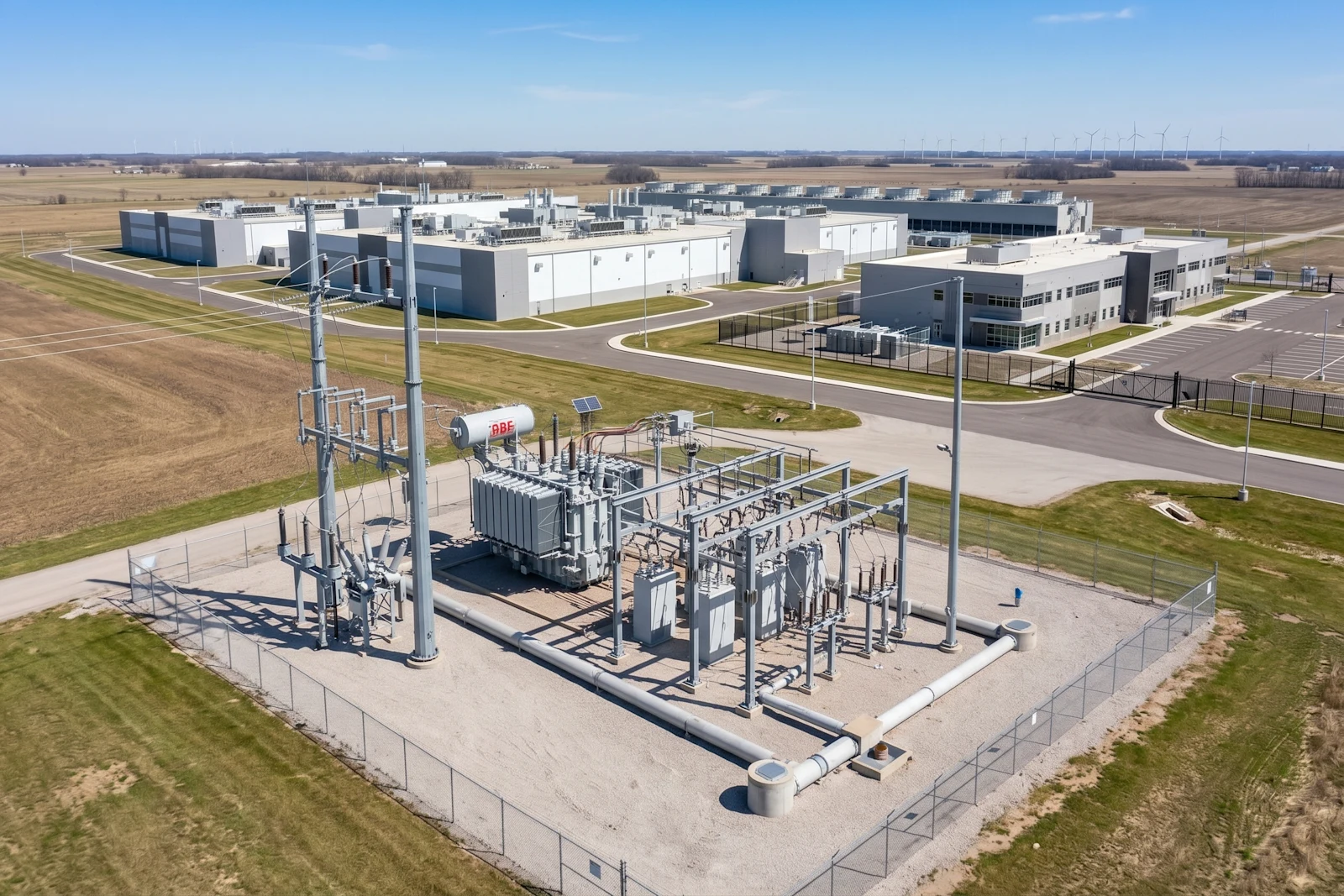 Data center campus beside electricity transmission lines