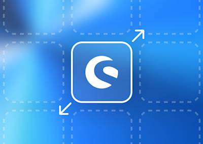 Shopware logo in a white rounded square with two arrows pointing out of it. 