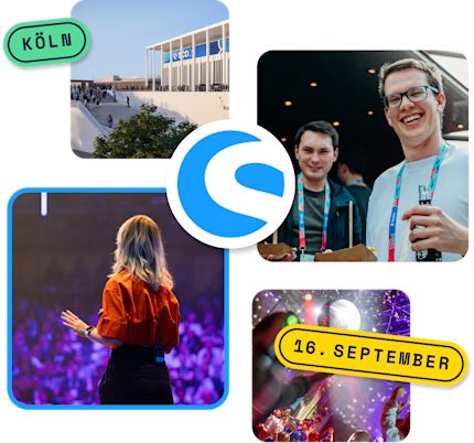 Vier Bilder von dem Veranstaltungsort und ihre Besucher sind zu sehen; dazu zwei Texte, "Köln" und "16. September".