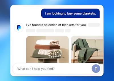 PayPal logo and two screenshots from their agentic commerce agent showing an AI prompt