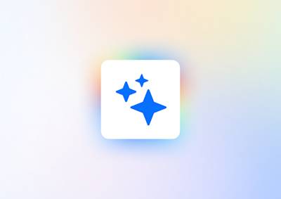 Three blue stars on a white square sitting on top a colourful gradient. 