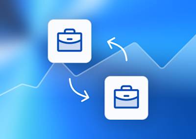 Two white boxes with a blue suitcase icon in the middle and two arrows in between each box to signify a cycle