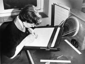 Undated photograph of a female drawing clerk in the Monotype TDO. © Monotype Archives