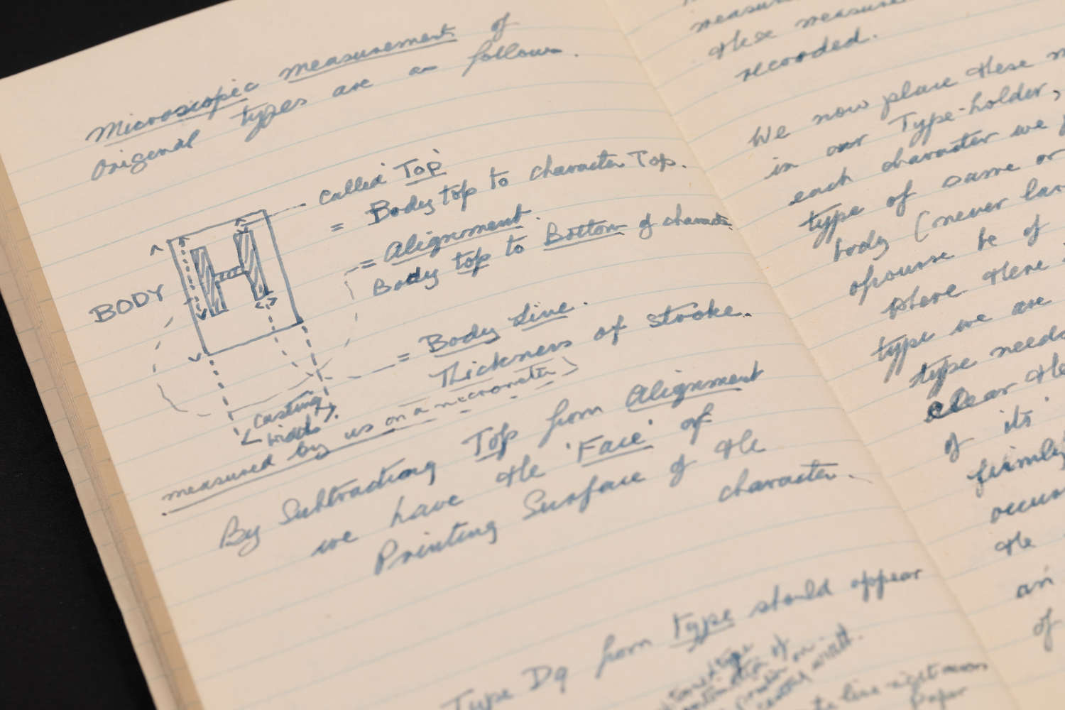 Dora Laing's handwritten notes in a notebook entitled 'A brief summary of how a fount is produced for Monotype use', 1956. © Monotype archives