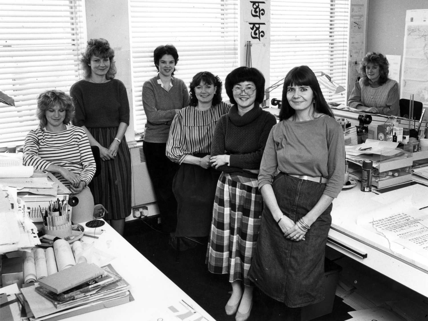 Department of Typographic Development at Linotype (UK), 1983: Georgina Surman, Lesley Sewell, 
Sarah Morley, Gillian Robertson, Ros Coates, Fiona Ross, Donna Yandle