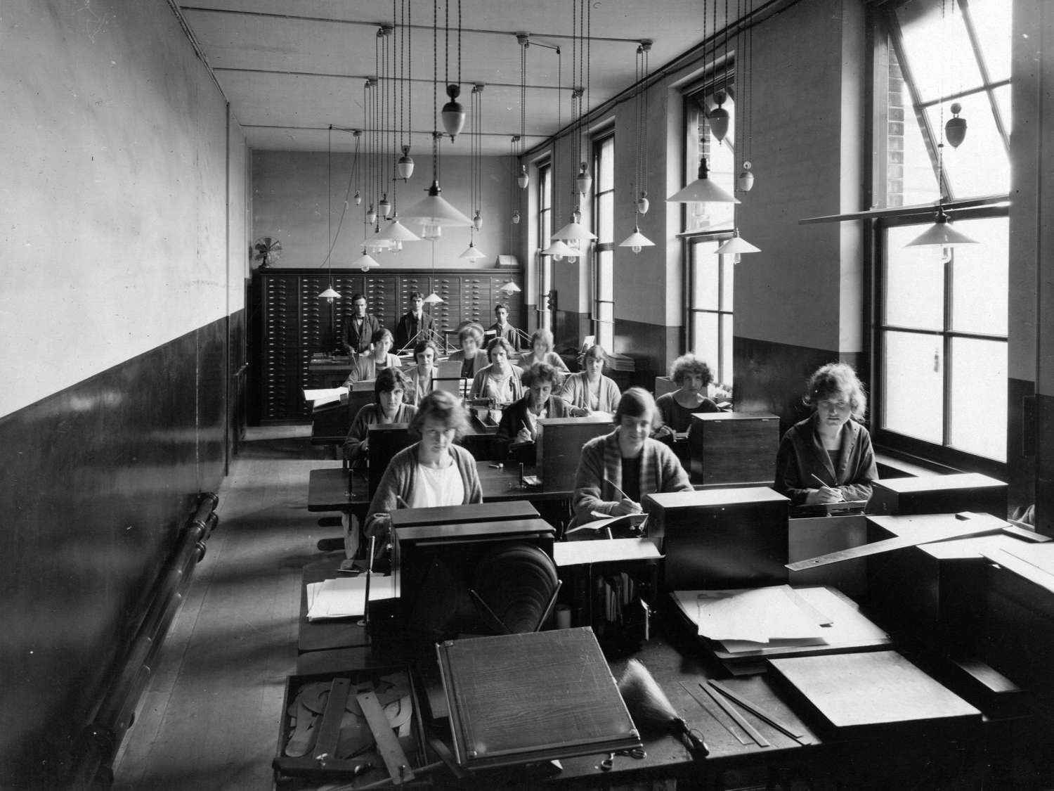 A view of the Monotype Type Drawing Office in Salfords, UK, c. 1928. © Monotype archives