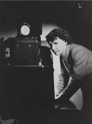 Patricia Saunders (then Patricia Mullett) in the Monotype Drawing Office in 1955, aged 22. © Monotype Archives