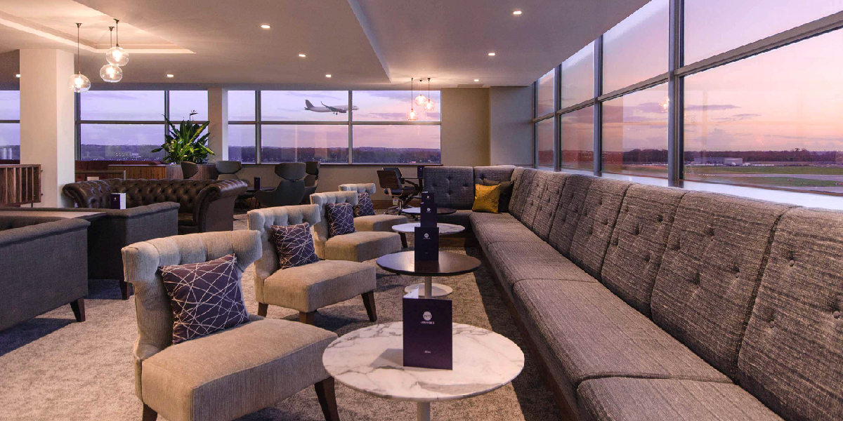 Airport dimensions, No1 airport lounges, Runway views with airplane, long seating area
