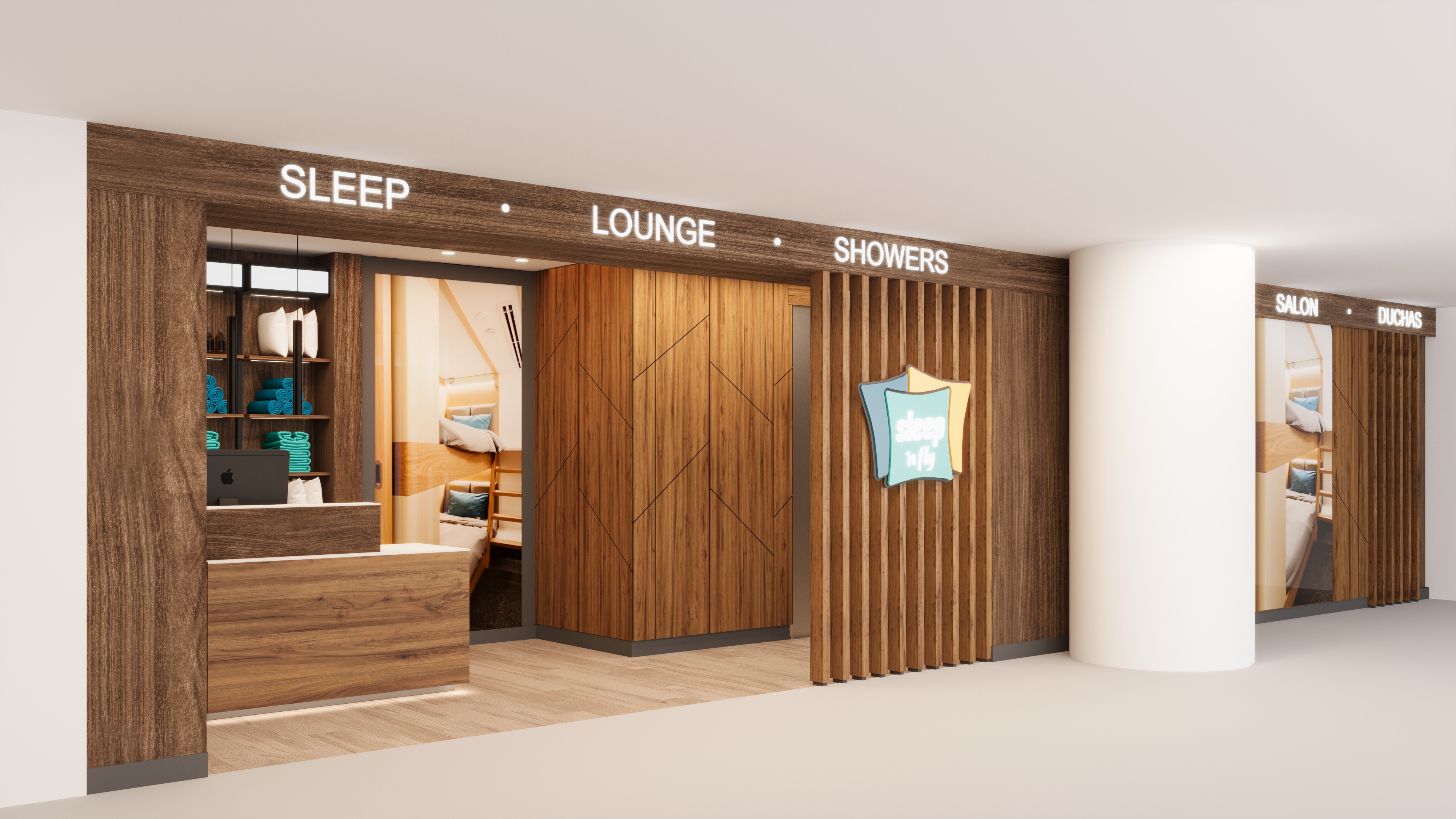 Render of sleep n fly reception - wooden paneling on wall and desk with computer