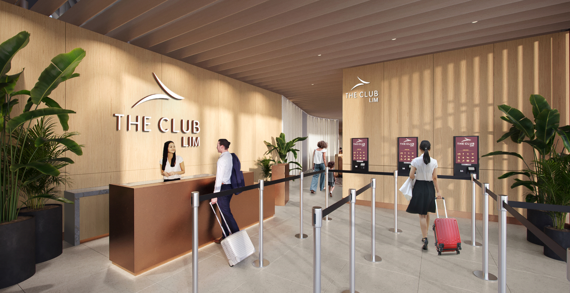 Render of The Club airport lounge reception